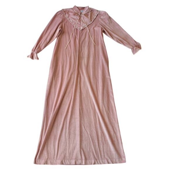 Vintage 80s Pastel Pink Velour House Dress Cozy Velvet Sleep Gown Size ML - Picture 1 of 7